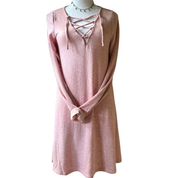 Unbranded Dresses & Skirts - Pastel Pink Jersey Knit Lace Up Beach Cover Up Midi Dress M Summer Slub Stretch